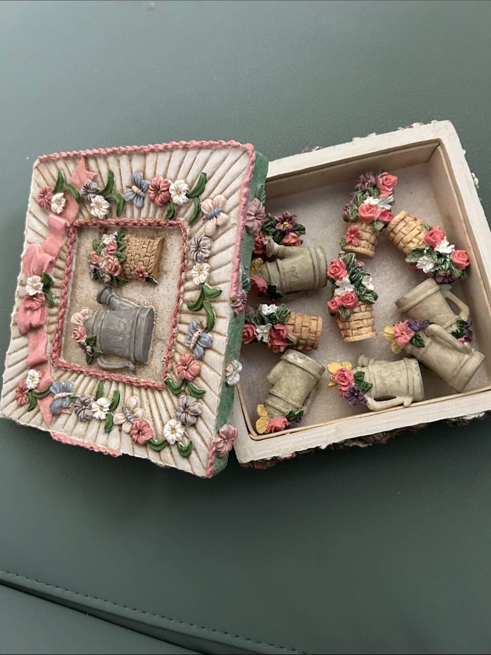 Floral vintage Trinket Box with Miniature pieces for tic tac toe